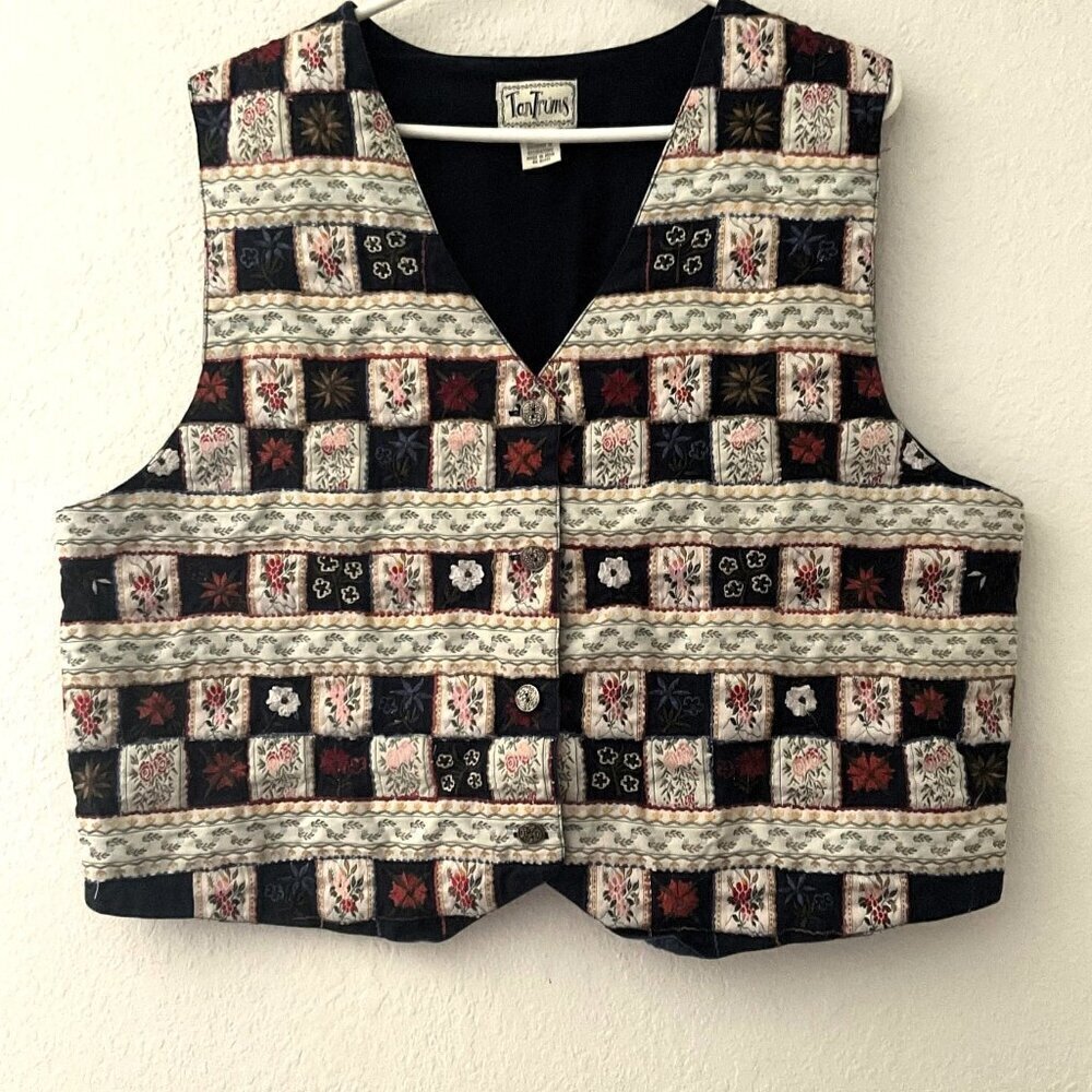 Vintage TanTrums Floral Patchwork Embroidered Vest Cotton Boho 90s Plus 1X